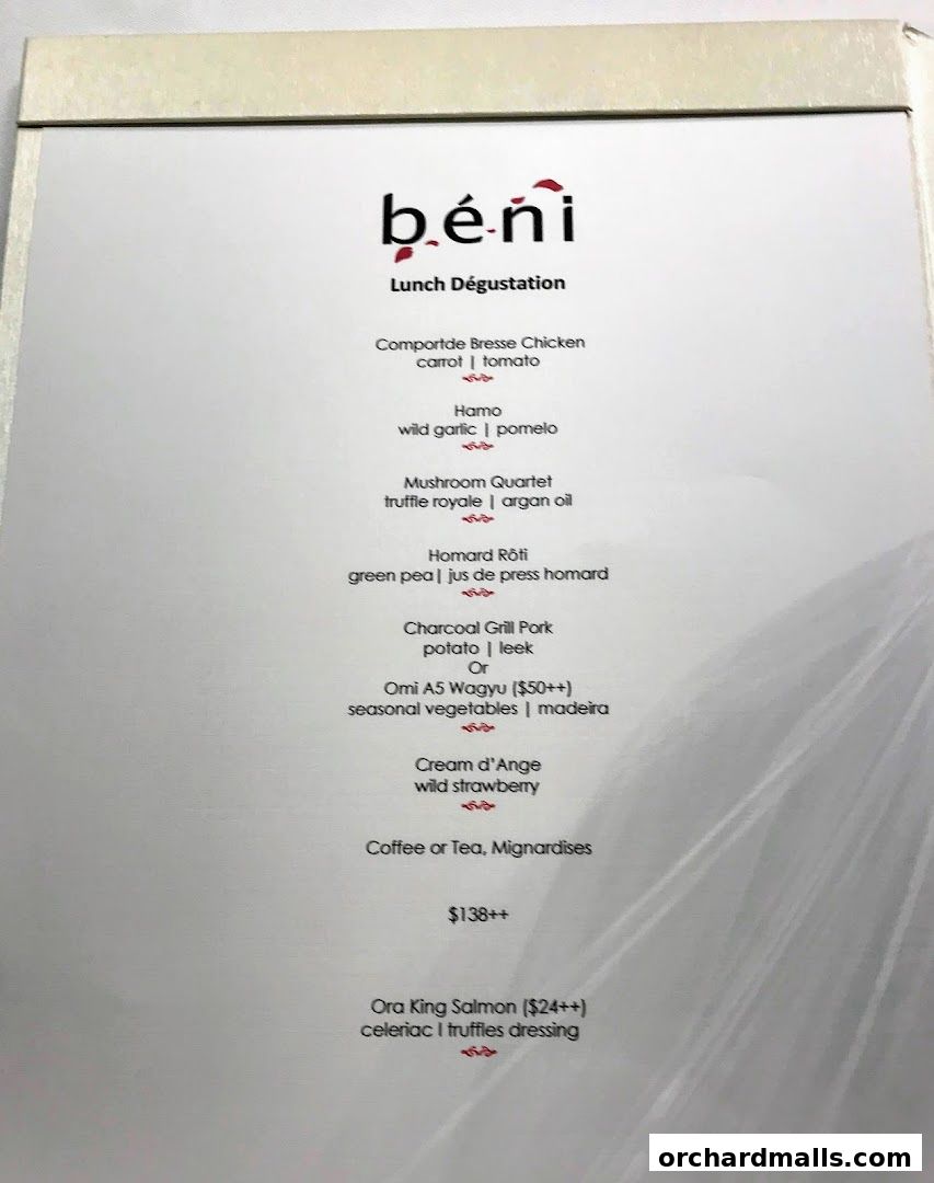 Menu page for béni Singapore