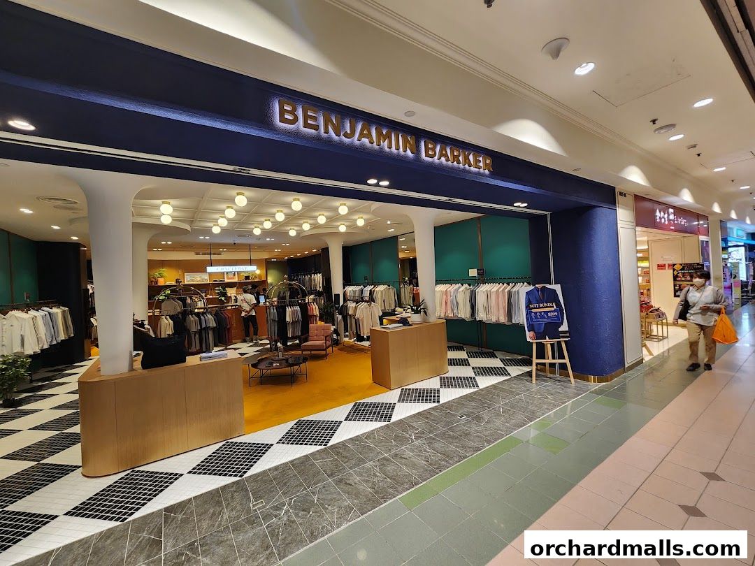 The Benjamin Barker shop entrance displays men's clothing and a suit bundle advertisement.