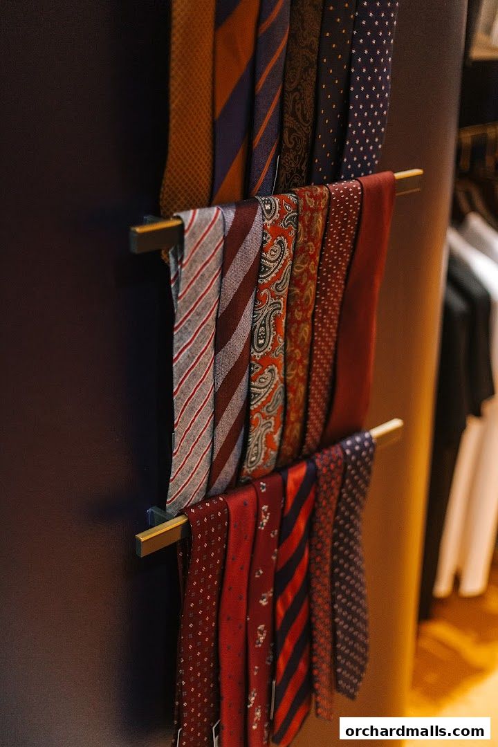 A display of various patterned ties hanging on racks in a retail store.