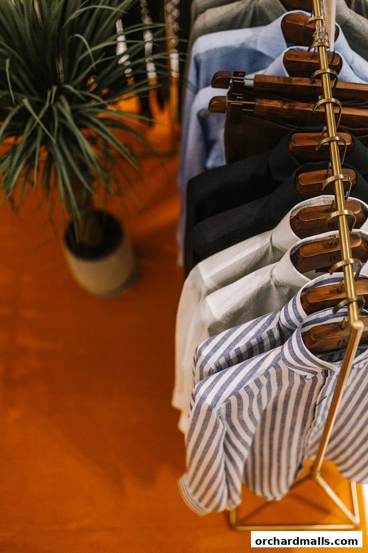A rack of neatly hung shirts with a potted plant in the background.