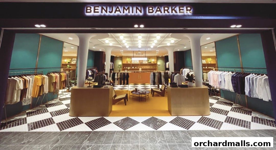 The exterior of the Benjamin Barker clothing store, showcasing stylish apparel and a modern interior.
