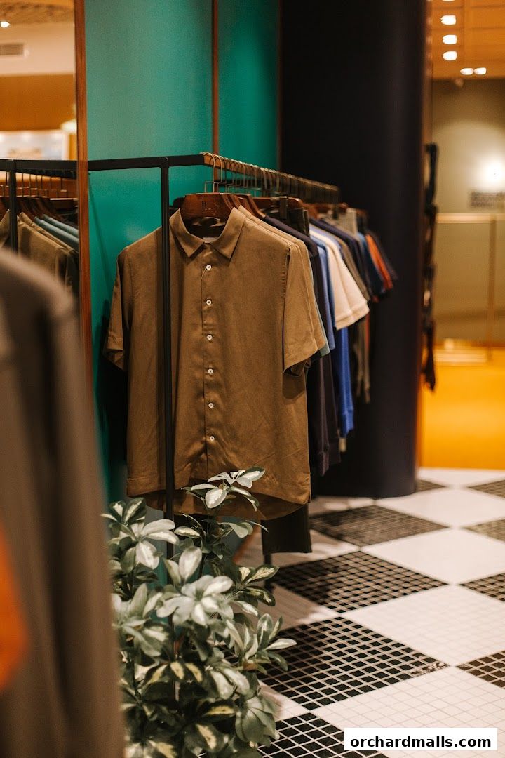 A rack of men's shirts displayed in a modern retail store with a plant.