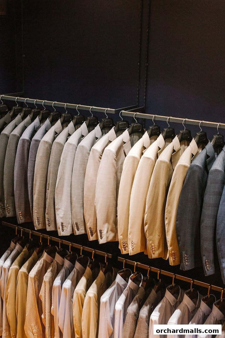A display of men's suits and shirts hanging on racks in a retail store.