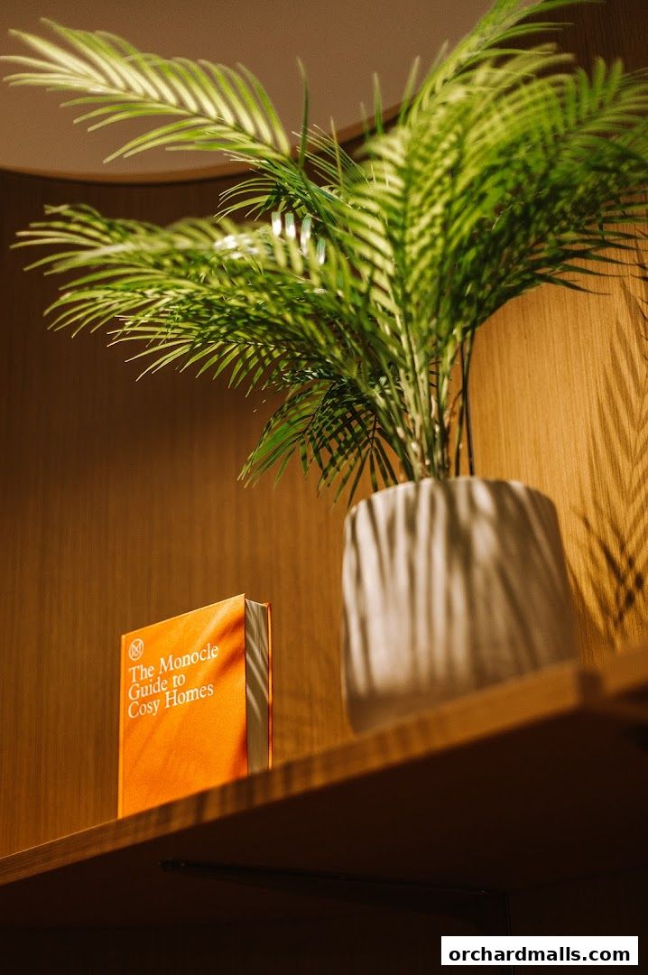 A book titled 'The Monocle Guide to Cosy Homes' sits on a shelf next to a potted plant.