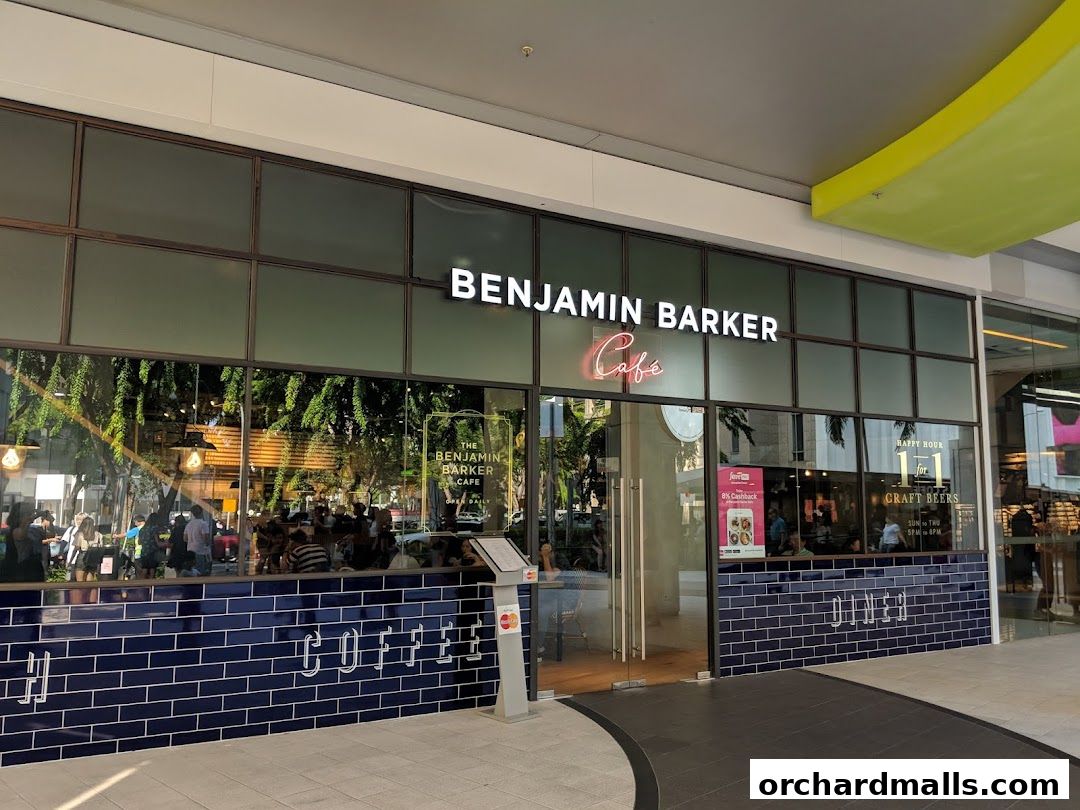 Benjamin Barker Cafe storefront with large windows and blue tiled base.
