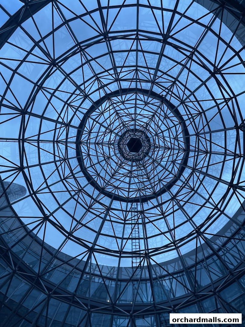 A striking geometric pattern of a glass dome ceiling against a blue sky.
