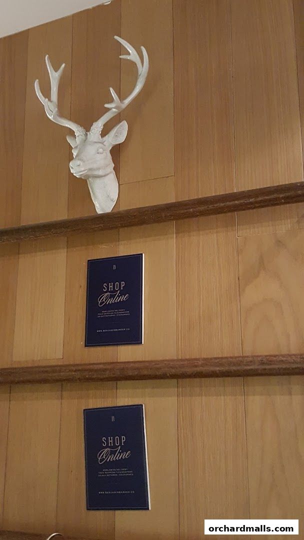 A white deer head mount adorns a wooden wall with two 'Shop Online' signs.
