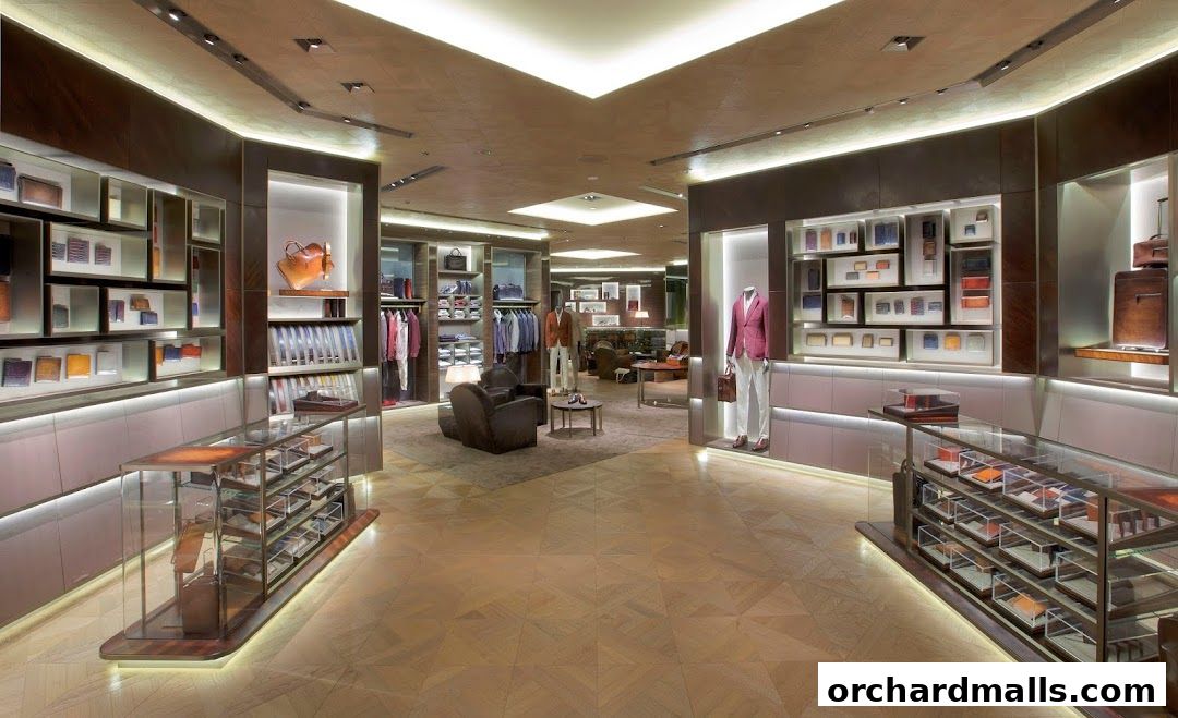 Interior view of a luxury men's fashion store with clothing, accessories, and mannequins.