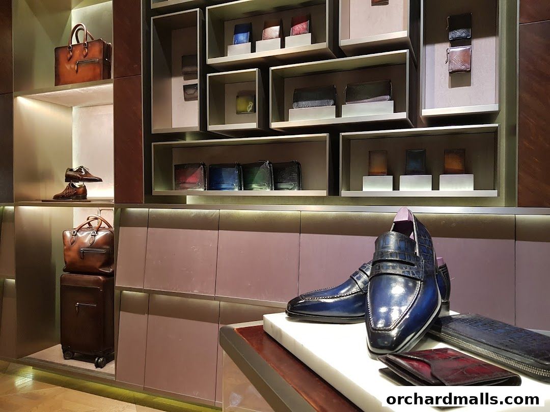 Luxurious Berluti store display featuring leather shoes, bags, wallets, and accessories.