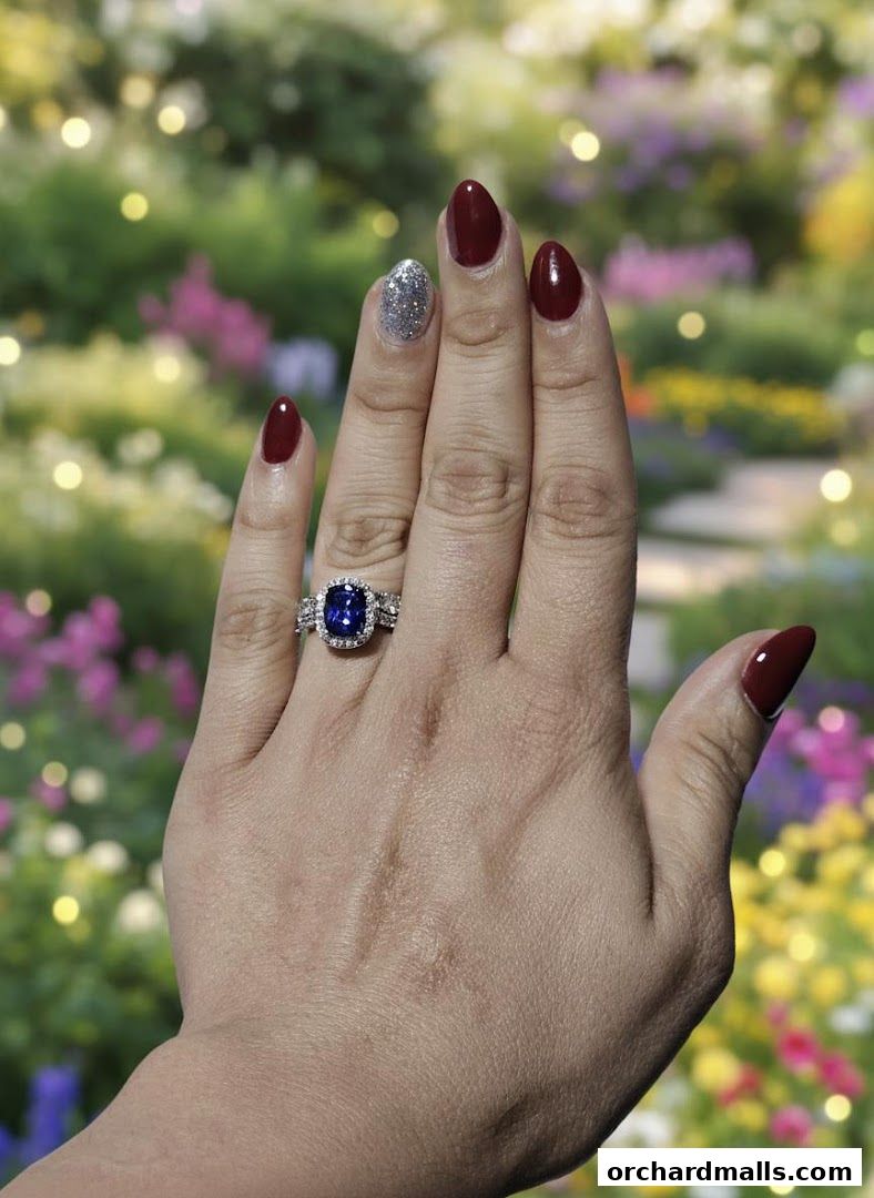 A hand displays a stunning sapphire ring with a diamond halo against a blurred floral background.