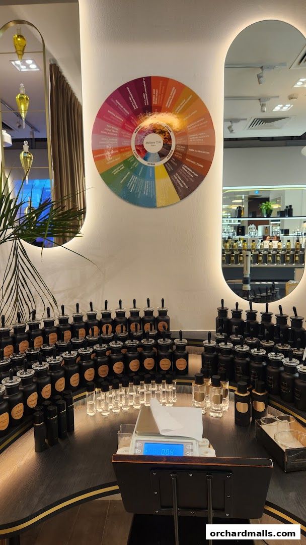 A display of perfume bottles and a scent wheel at Maison 21G.