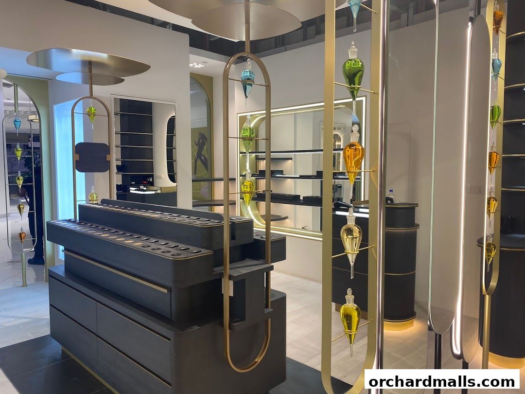 Interior of a modern perfume shop with elegant displays of fragrance bottles.