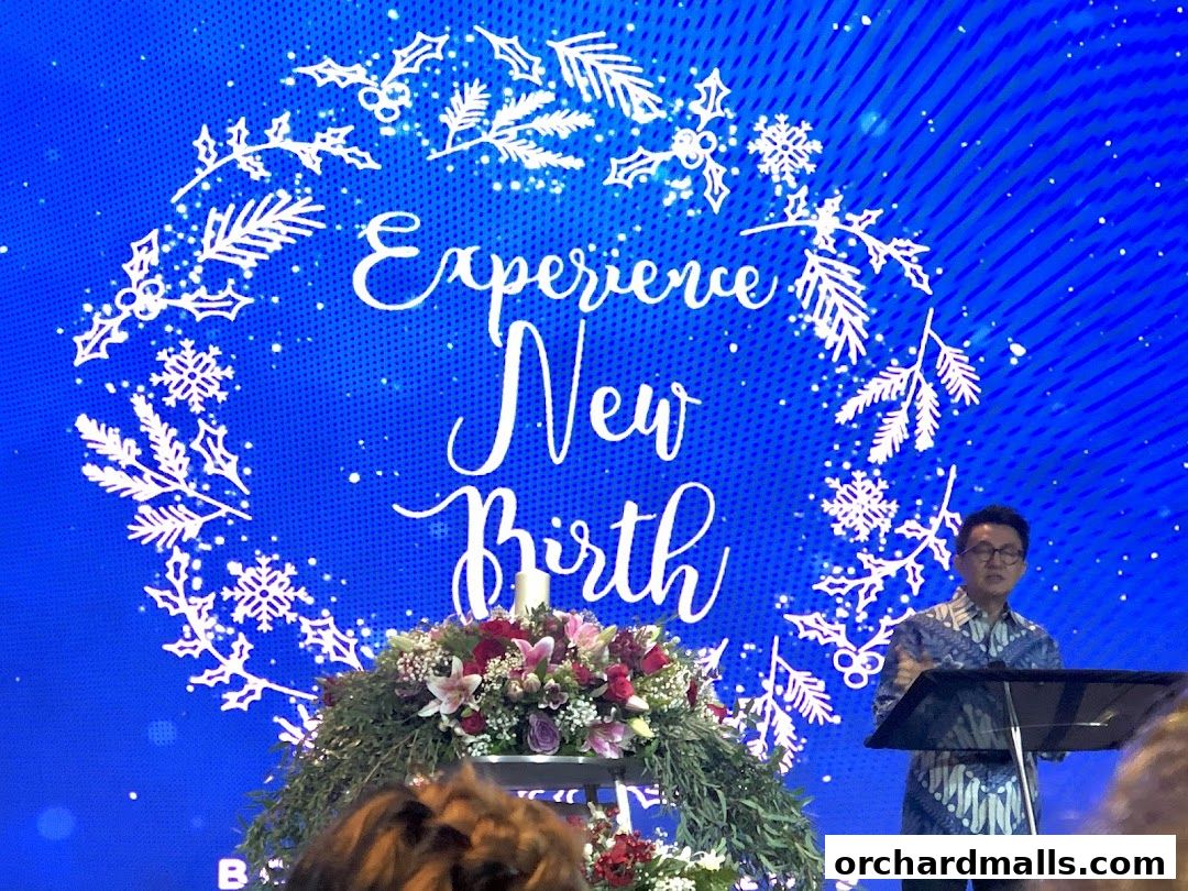 A man speaks at a podium in front of a blue screen with festive decorations and text.