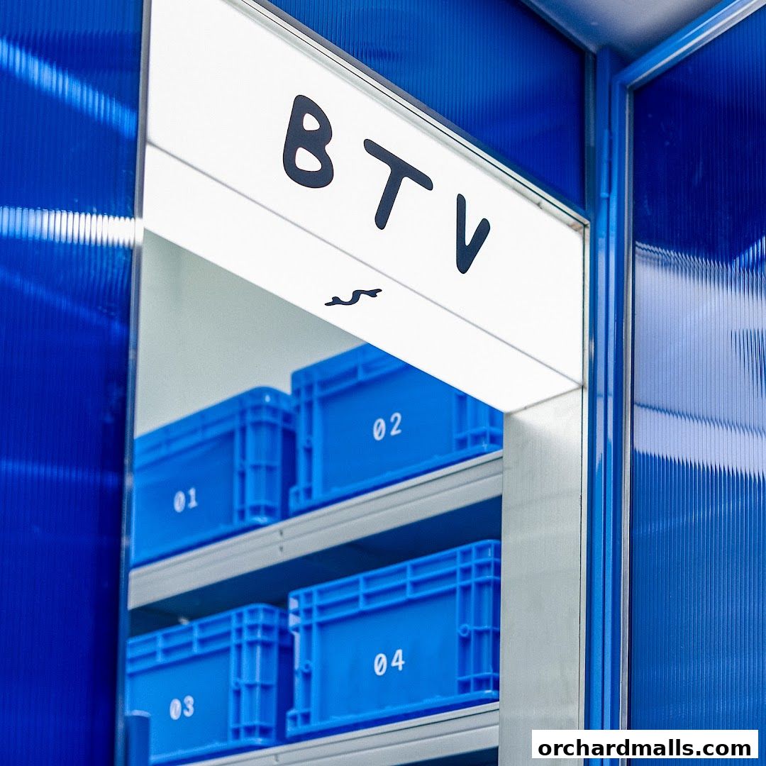 A store entrance with the BTV logo and blue storage crates on shelves.