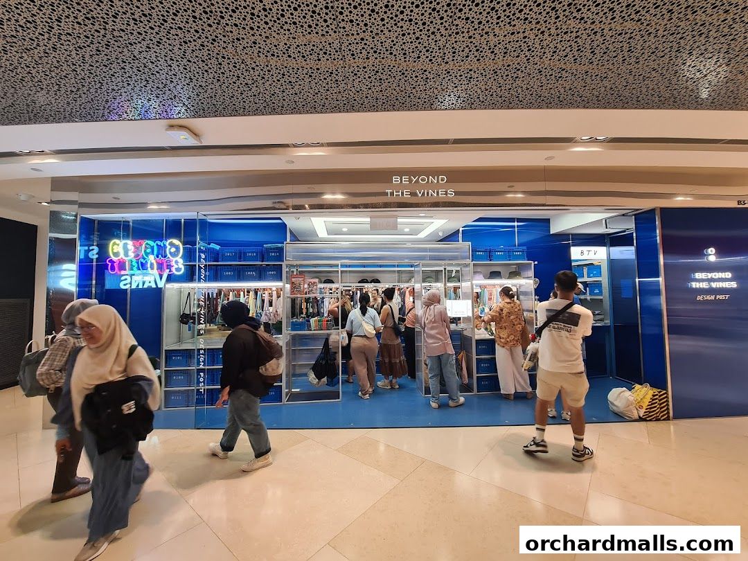People browsing at the Beyond The Vines Design Post store with blue shelving and merchandise.