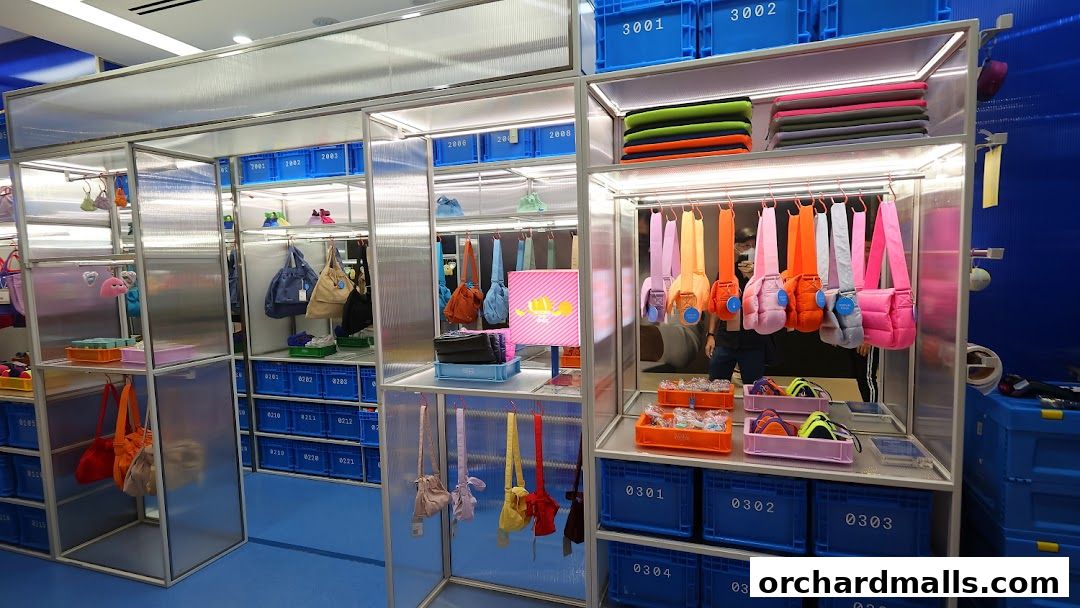 A retail display featuring colorful bags and accessories organized in clear shelving units and blue crates.