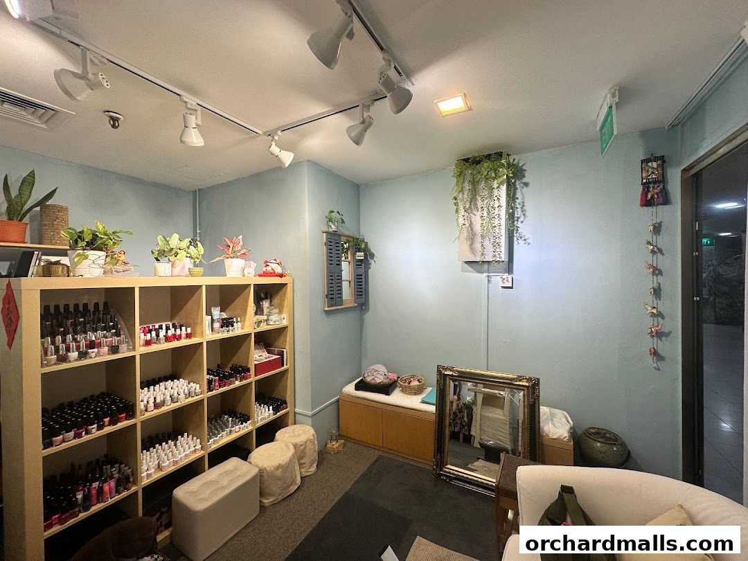 Interior of a nail salon with shelves of nail polish, plants, and seating.