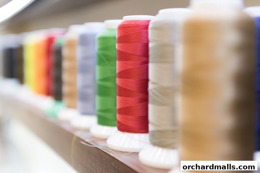 A close-up, shallow depth of field shot of spools of colorful thread on a shelf.