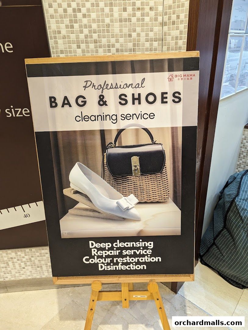 A sign advertising professional bag and shoes cleaning services with images of a handbag and shoe.