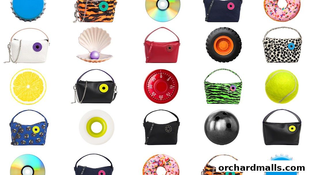 A collage of fashion accessories and quirky objects, including handbags, donuts, and sports equipment.