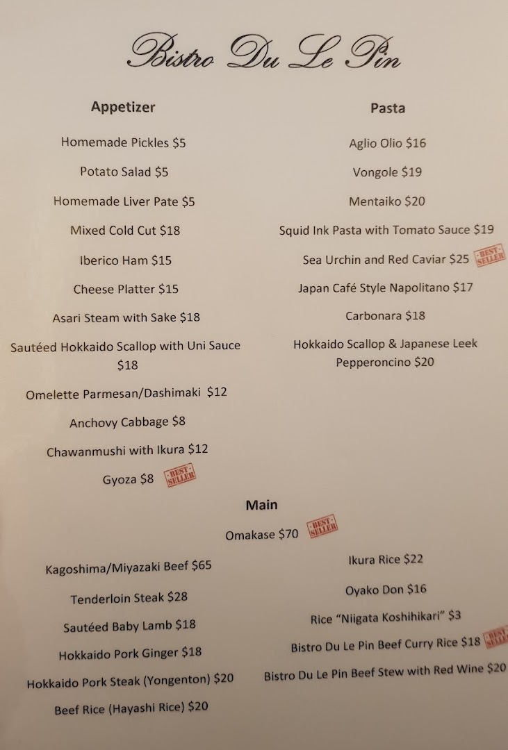 Menu page for Bistro Du Le Pin