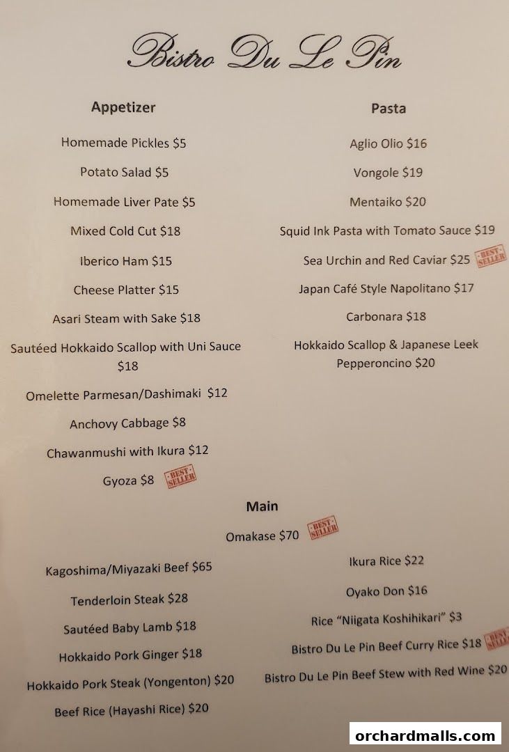 A menu from Bistro Du Le Pin featuring appetizers, pasta, and main courses.