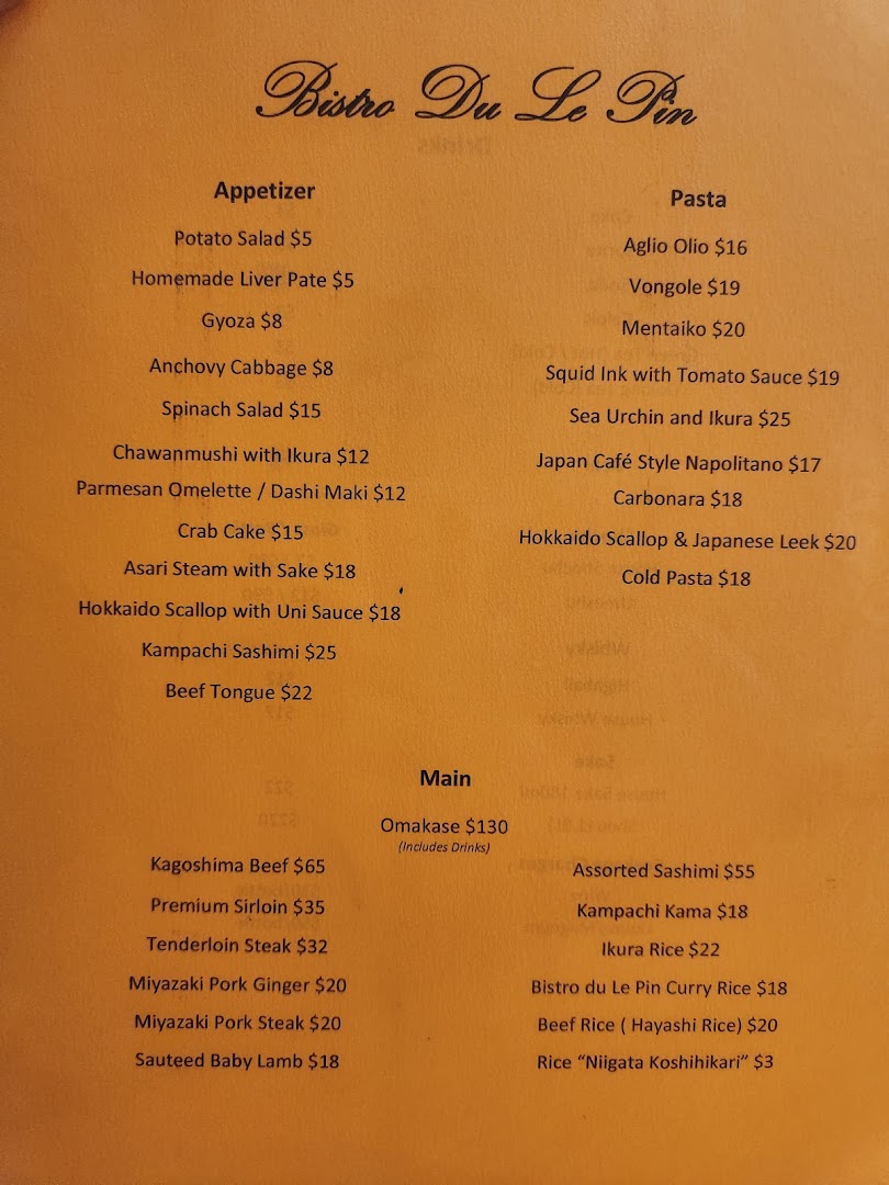 Menu page for Bistro Du Le Pin