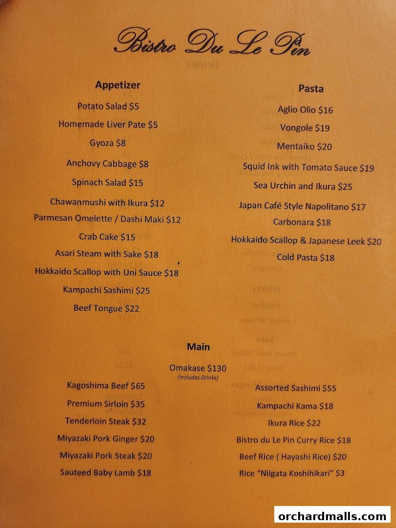 A menu for Bistro Du Le Pin featuring appetizers, pasta, main courses, and rice dishes.