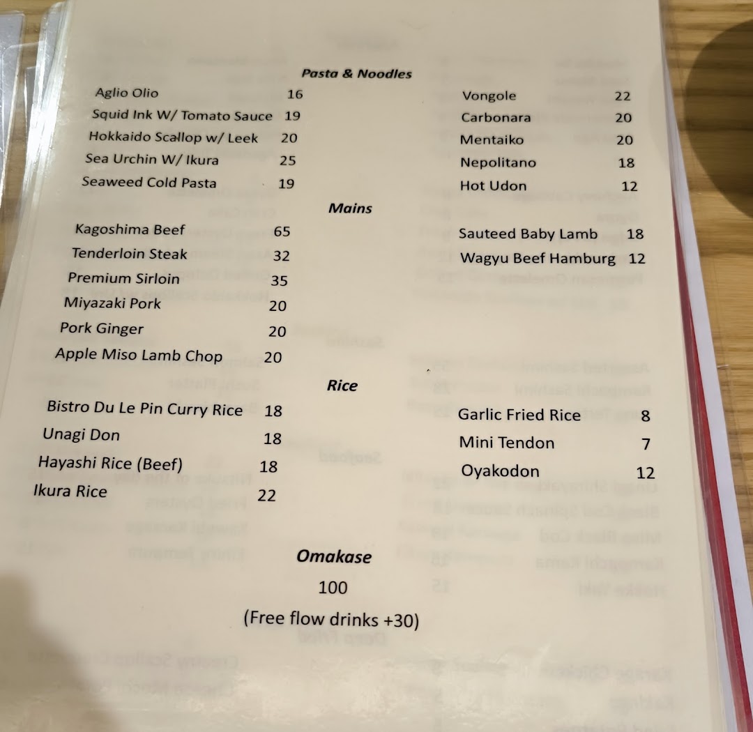 Menu page for Bistro Du Le Pin