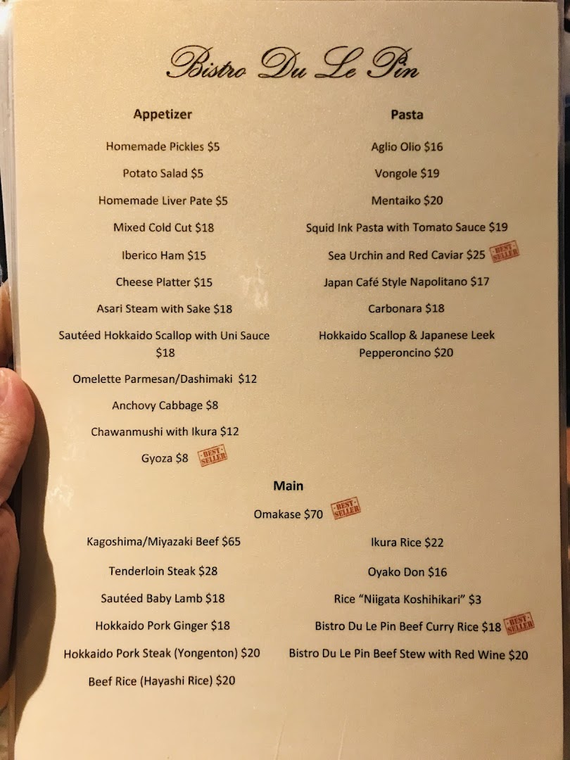 Menu page for Bistro Du Le Pin