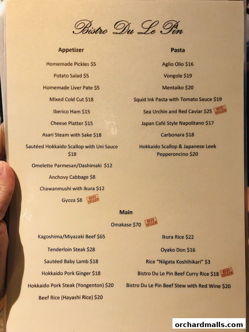 A menu from Bistro Du Le Pin featuring appetizers, pasta, and main courses.