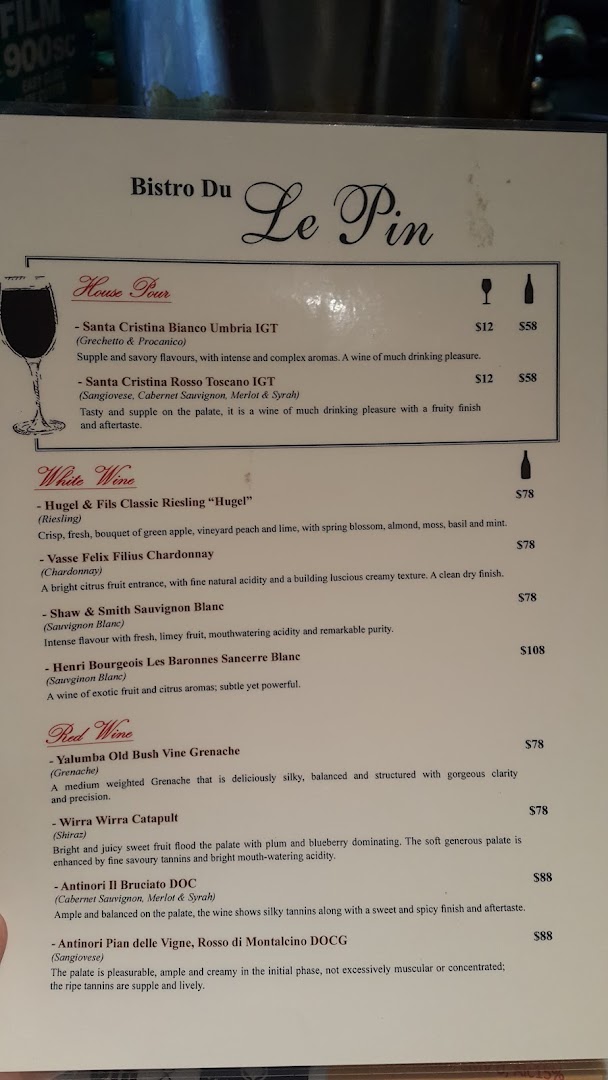 Menu page for Bistro Du Le Pin