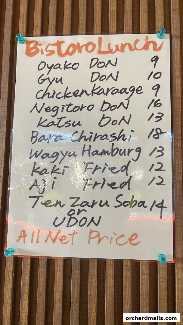 A handwritten menu for Bistoro Lunch featuring various DONburi, fried dishes, and noodles.