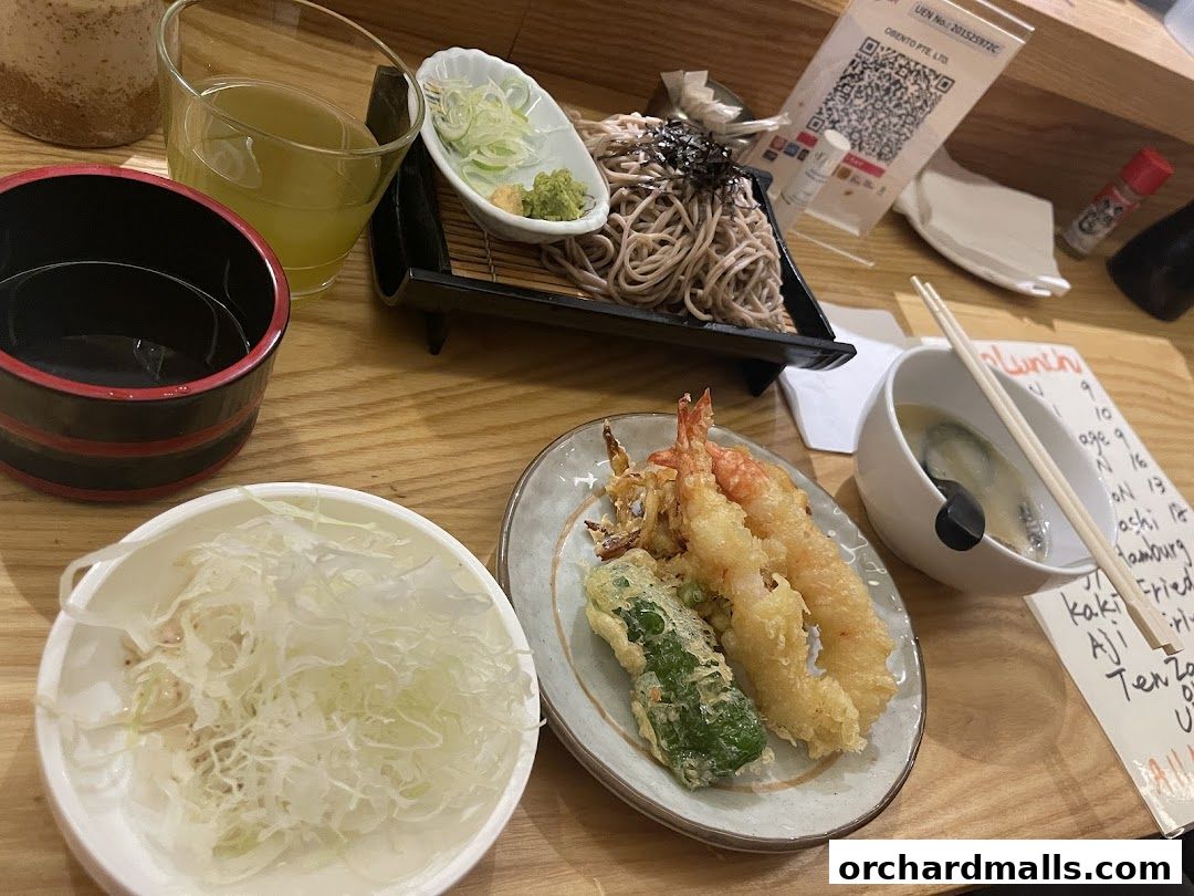 A table setting with soba noodles, tempura, and a drink, with a menu visible.