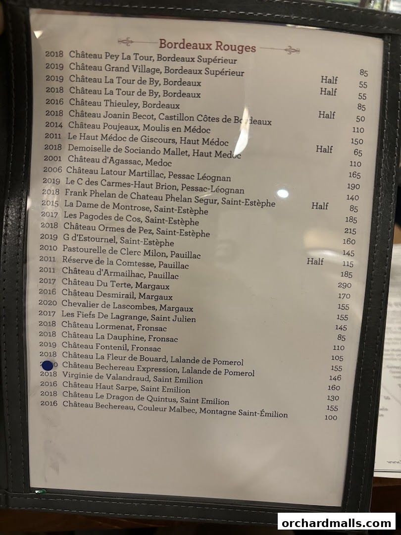 Menu page for Bistro Du Vin