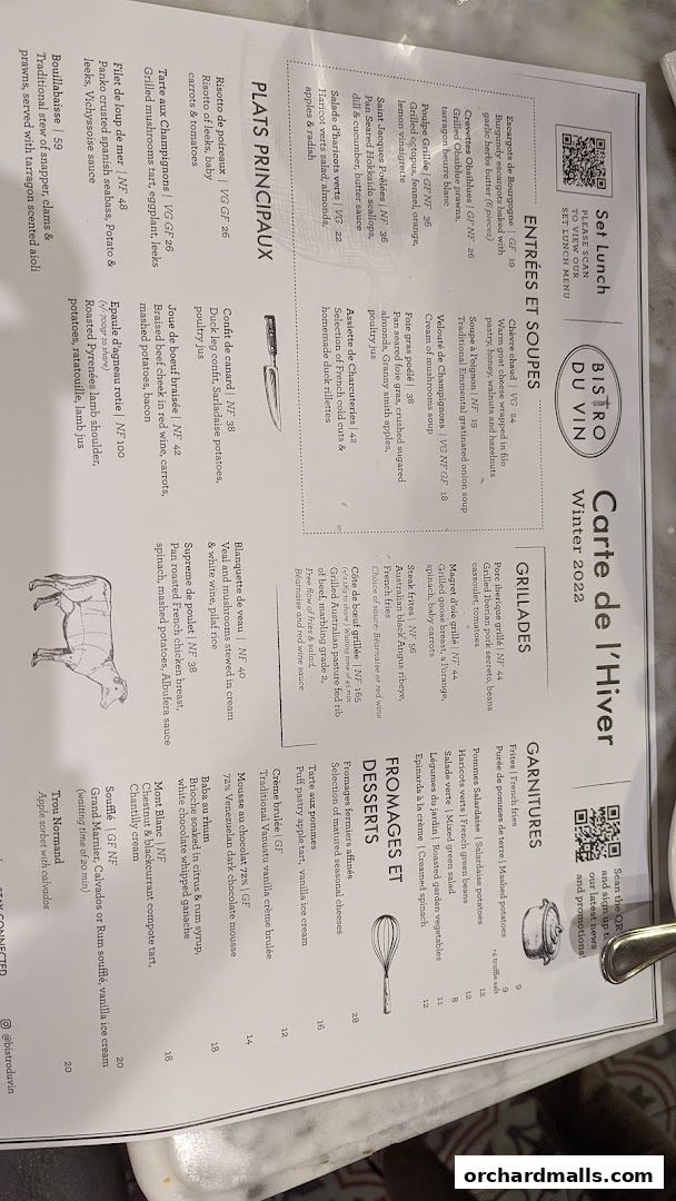 Menu page for Bistro Du Vin