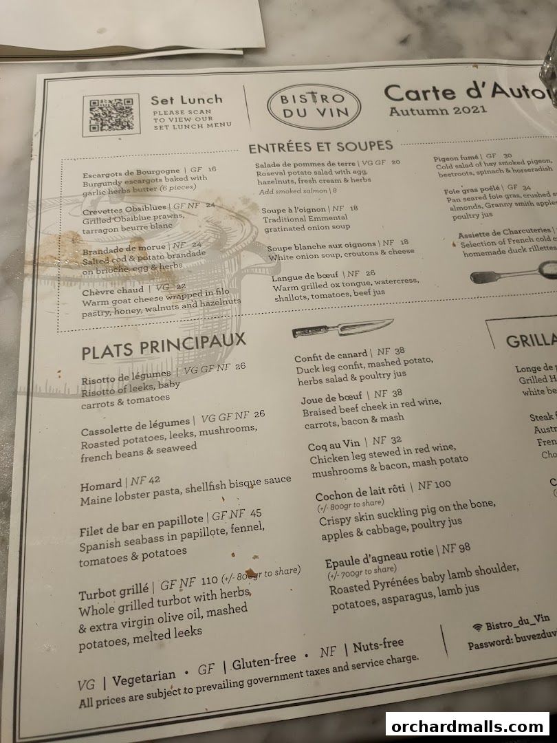 Menu page for Bistro Du Vin