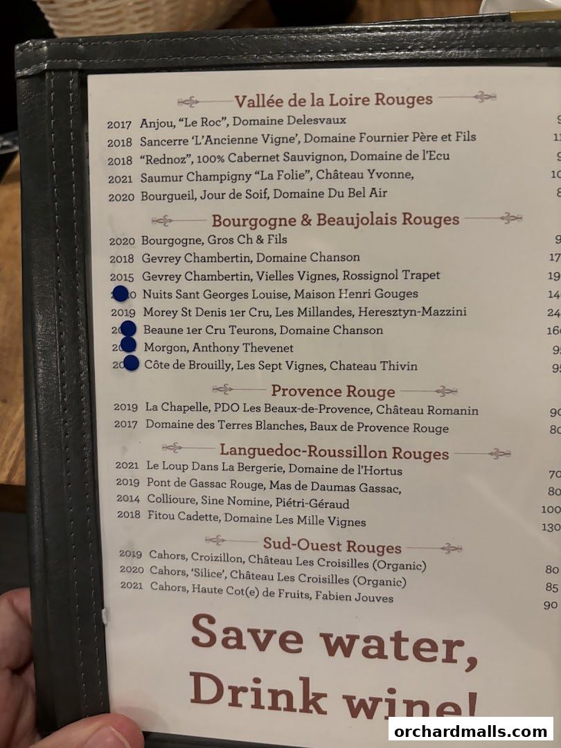 Menu page for Bistro Du Vin