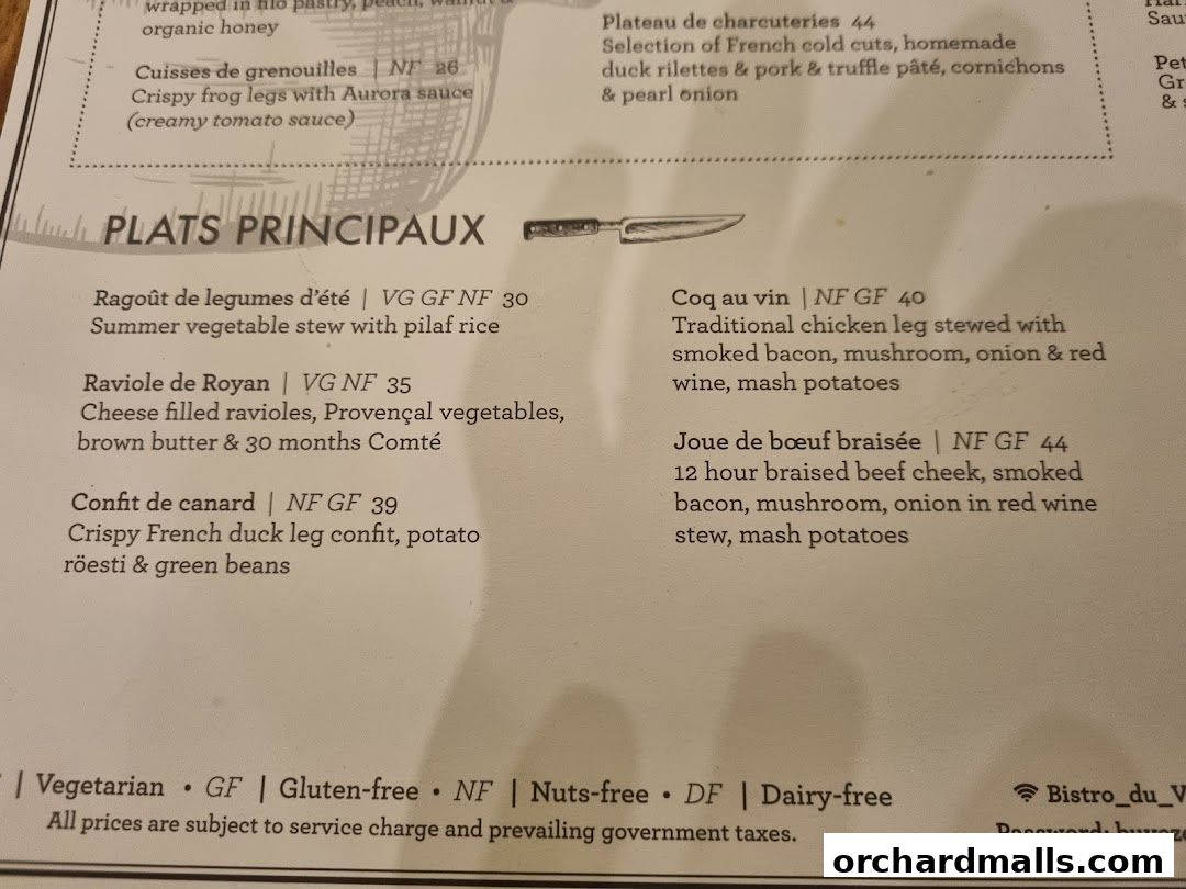 Menu page for Bistro Du Vin