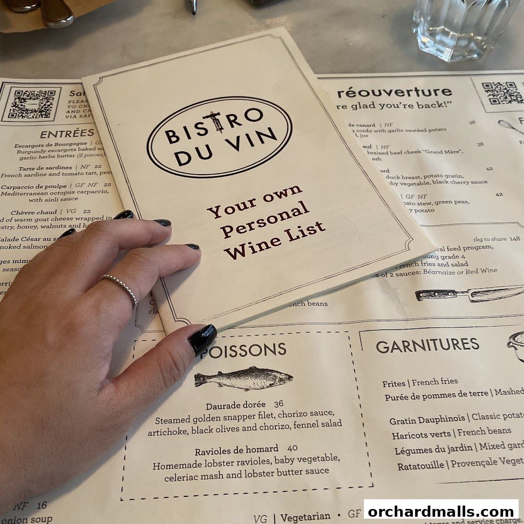 Menu page for Bistro Du Vin