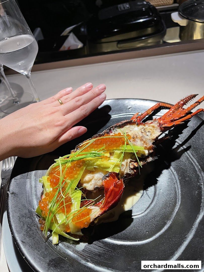 A beautifully presented lobster dish with caviar and leeks on a dark plate.