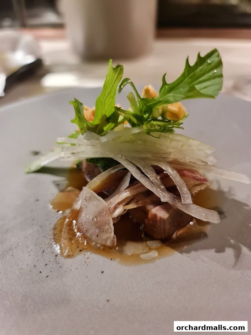 A close-up of a gourmet dish with meat, vegetables, and sauce on a plate.
