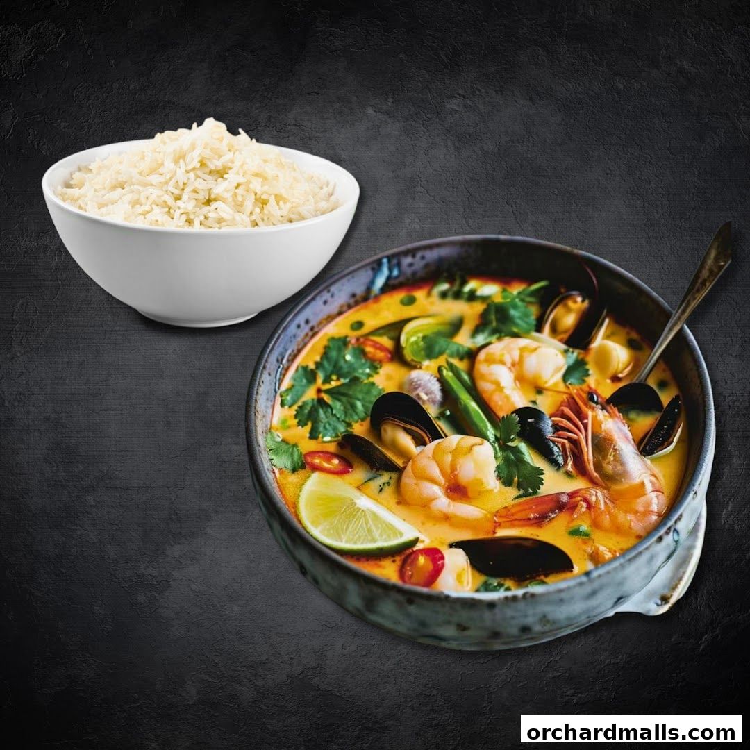 A bowl of Tom Yum soup with shrimp and mussels, served with a side of rice.