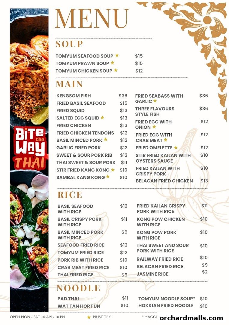 A menu for Bite The Way Thai restaurant featuring soups, mains, rice dishes, and noodles.