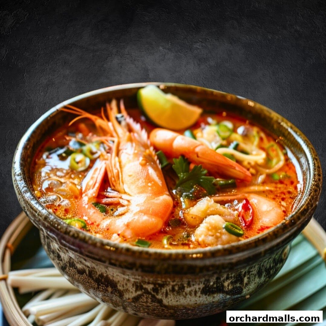 A close-up of a steaming bowl of Tom Yum soup with large prawns and a lime wedge.