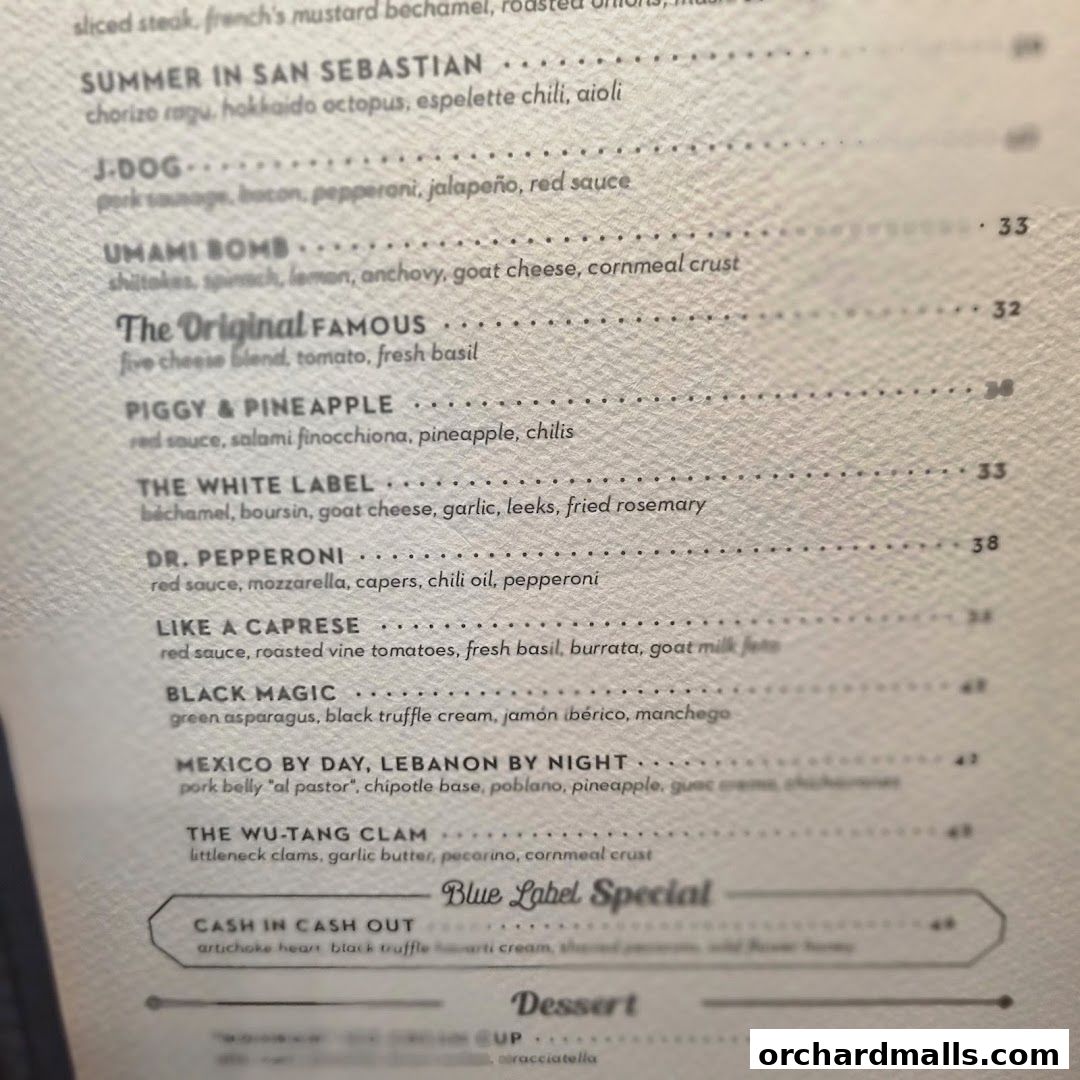 Menu page for Blue Label Pizza  Wine