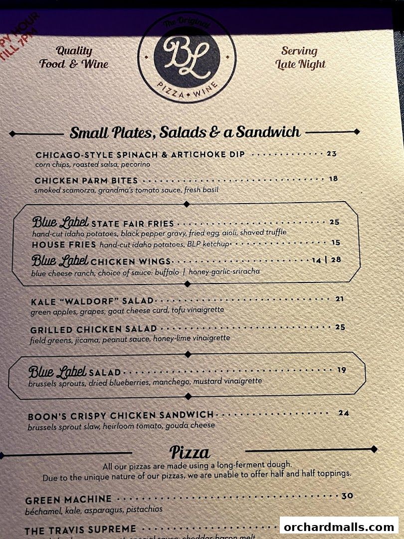 Menu page for Blue Label Pizza  Wine