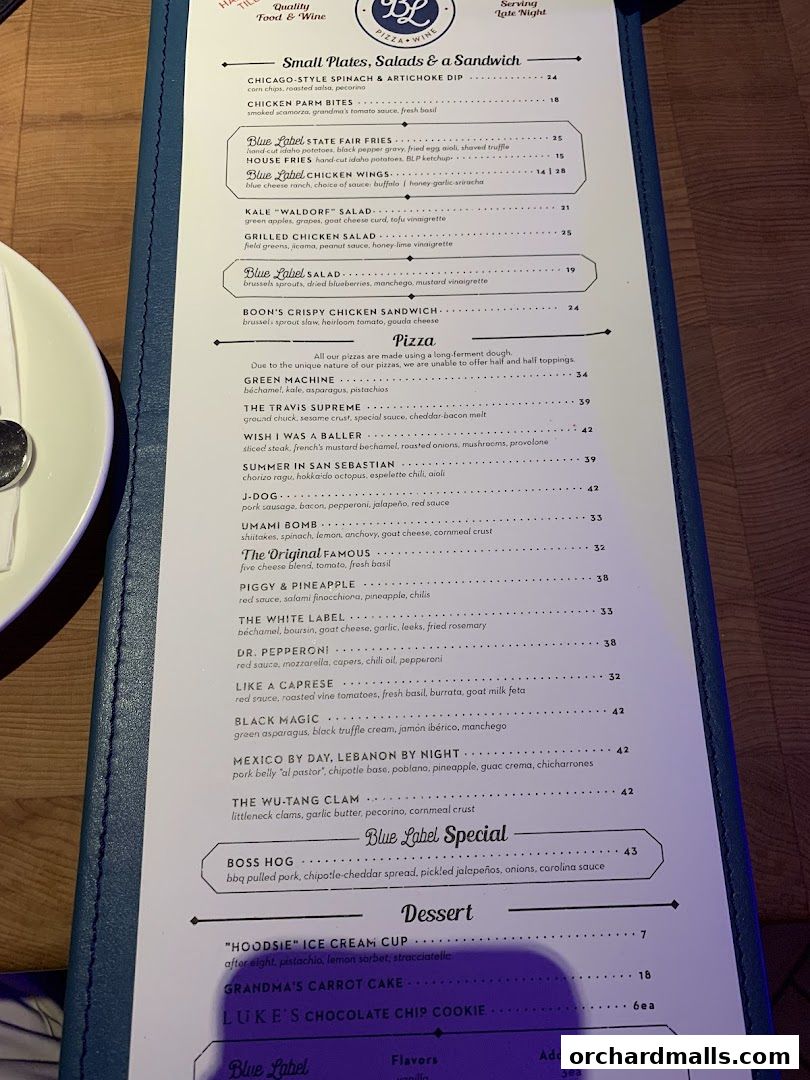 Menu page for Blue Label Pizza  Wine