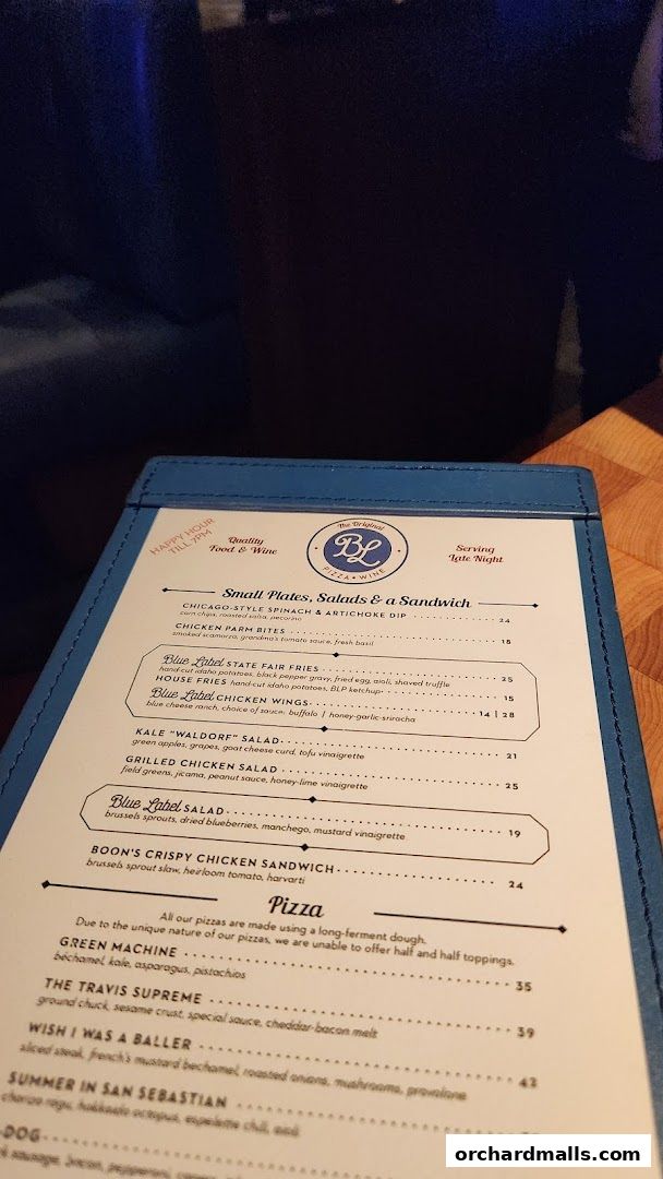 Menu page for Blue Label Pizza  Wine