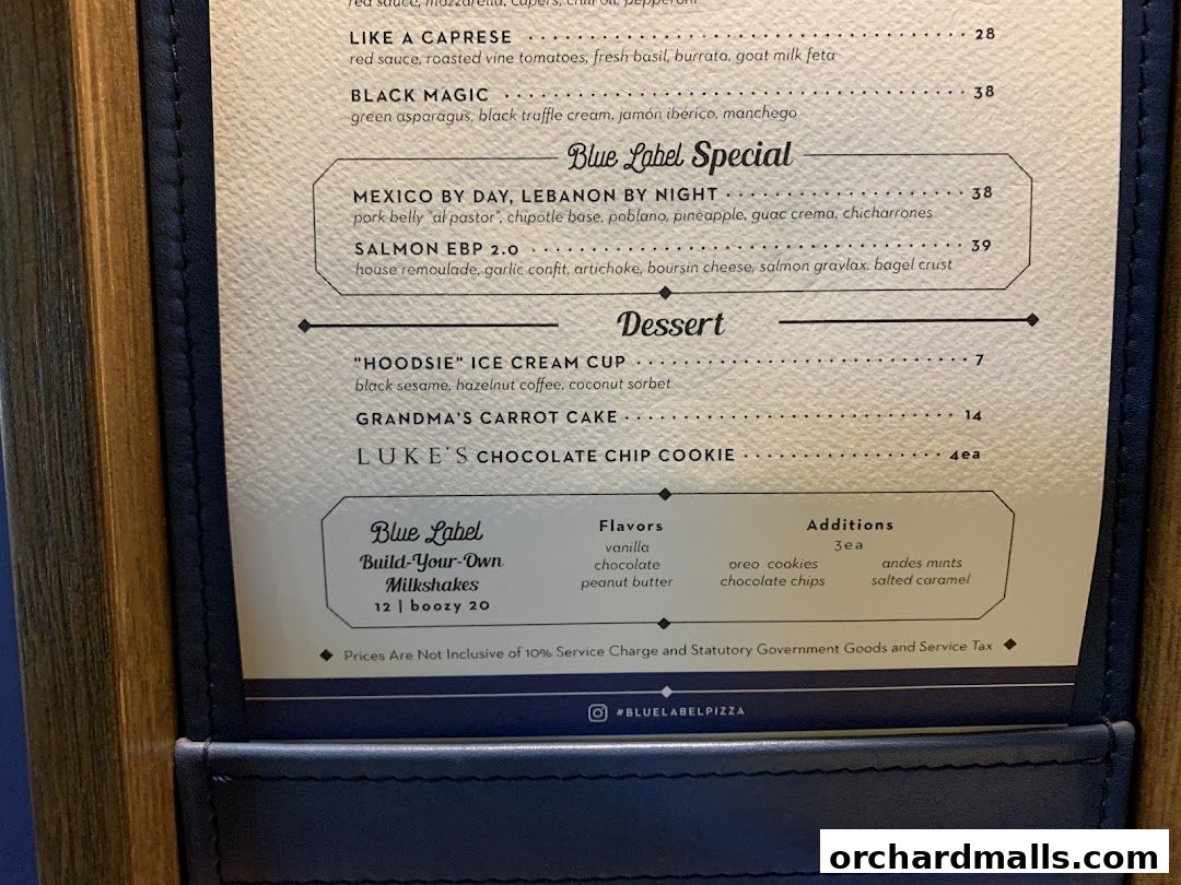 Menu page for Blue Label Pizza  Wine